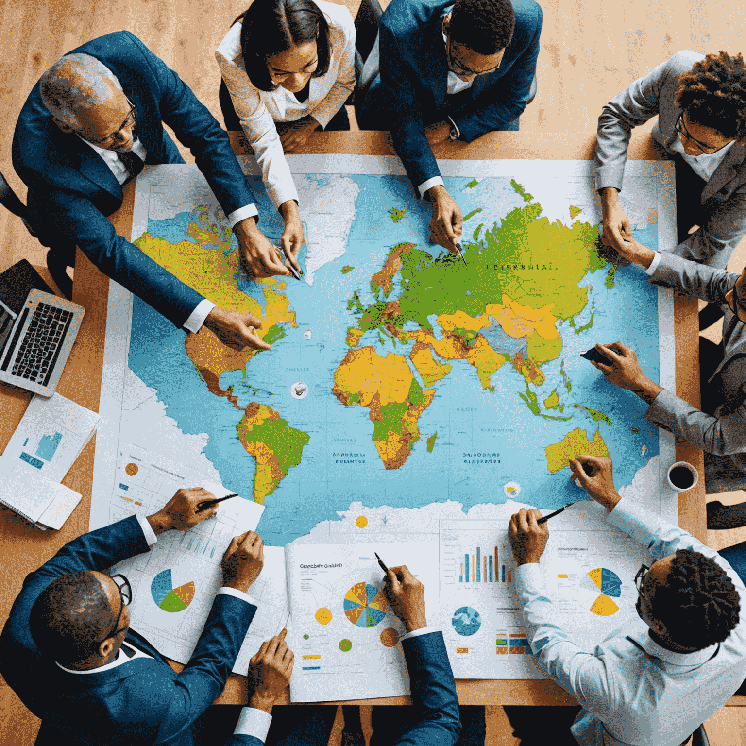 A team of diverse business consultants collaborating on a global strategy map, showcasing international connections and data-driven insights