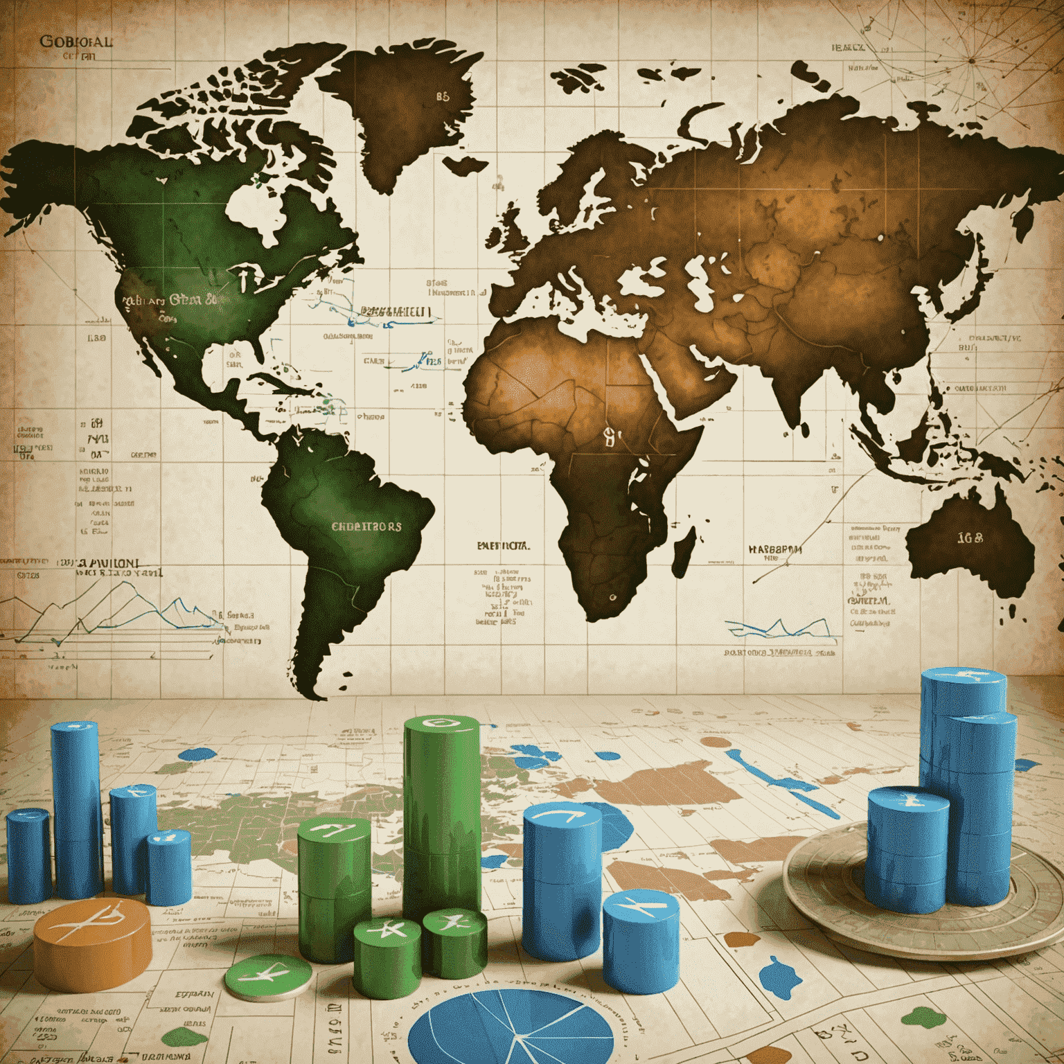 A world map overlaid with financial charts, stock market graphs, and currency symbols, representing global economic trends