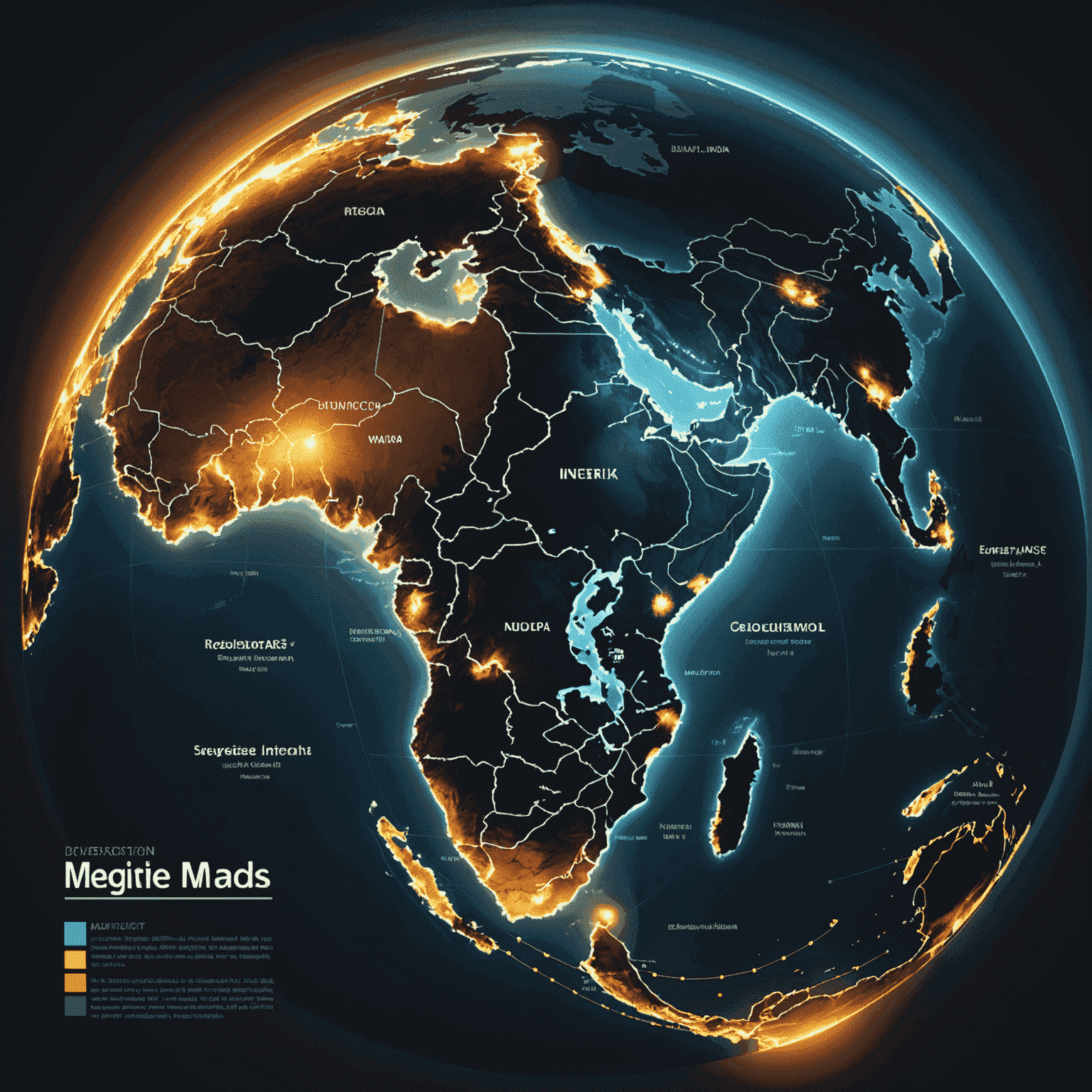 A dynamic map highlighting emerging markets with glowing points representing business opportunities across countries like India, Brazil, and Nigeria