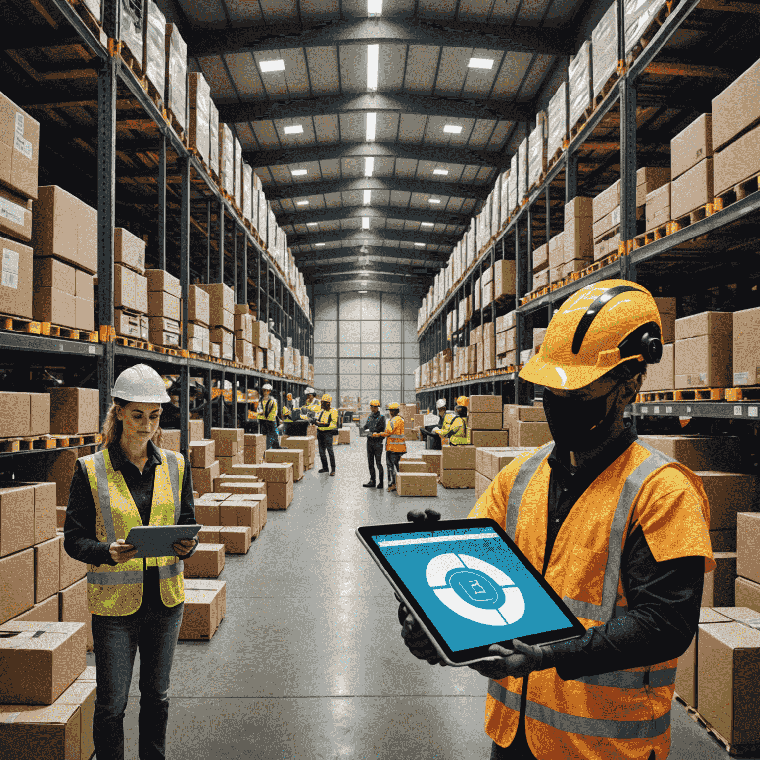 A large warehouse with workers using tablets and smart devices to manage inventory. Robotic arms are seen moving packages in the background.