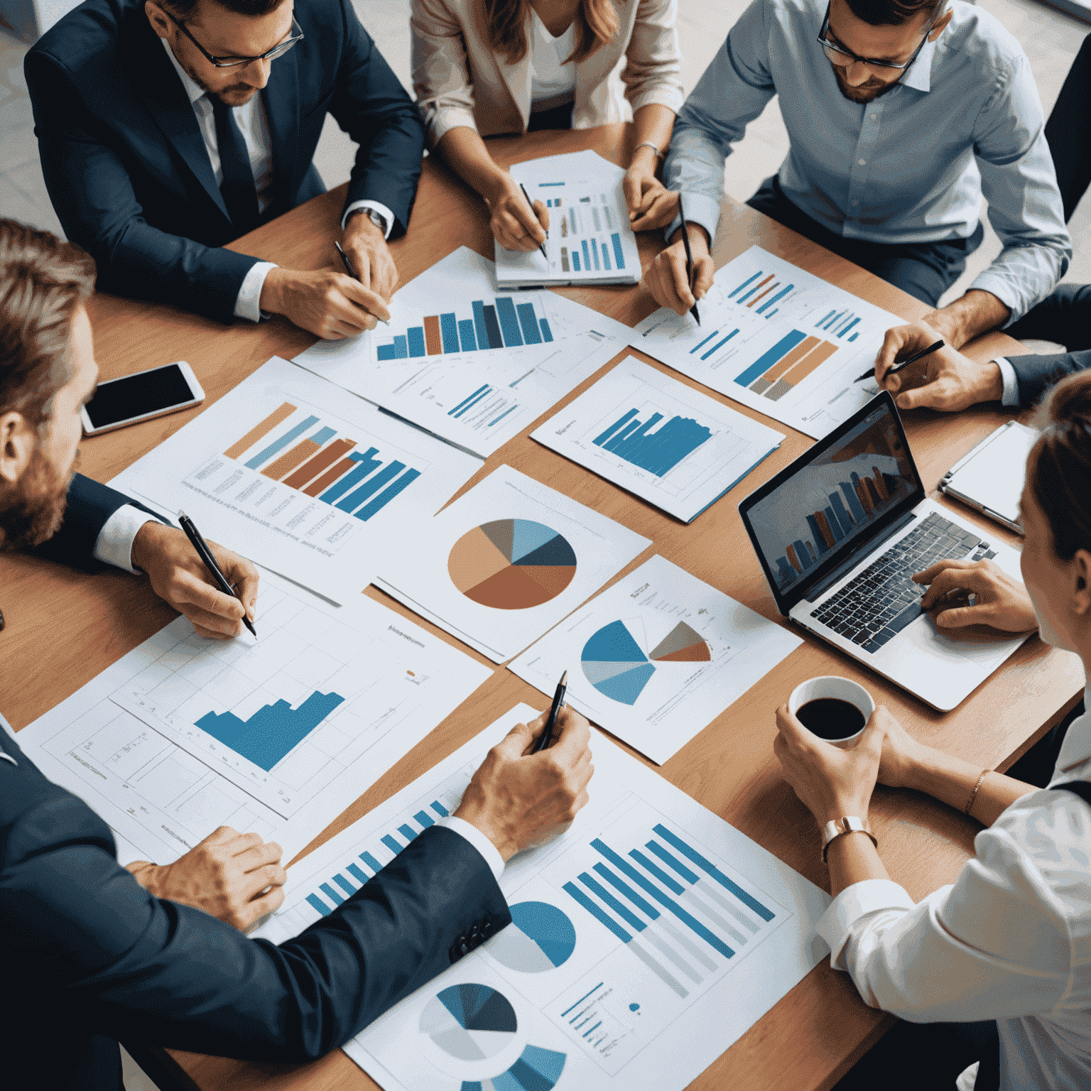 A group of professionals gathered around a table with charts and graphs, discussing long-term business strategies. The image conveys a sense of collaboration and forward-thinking.