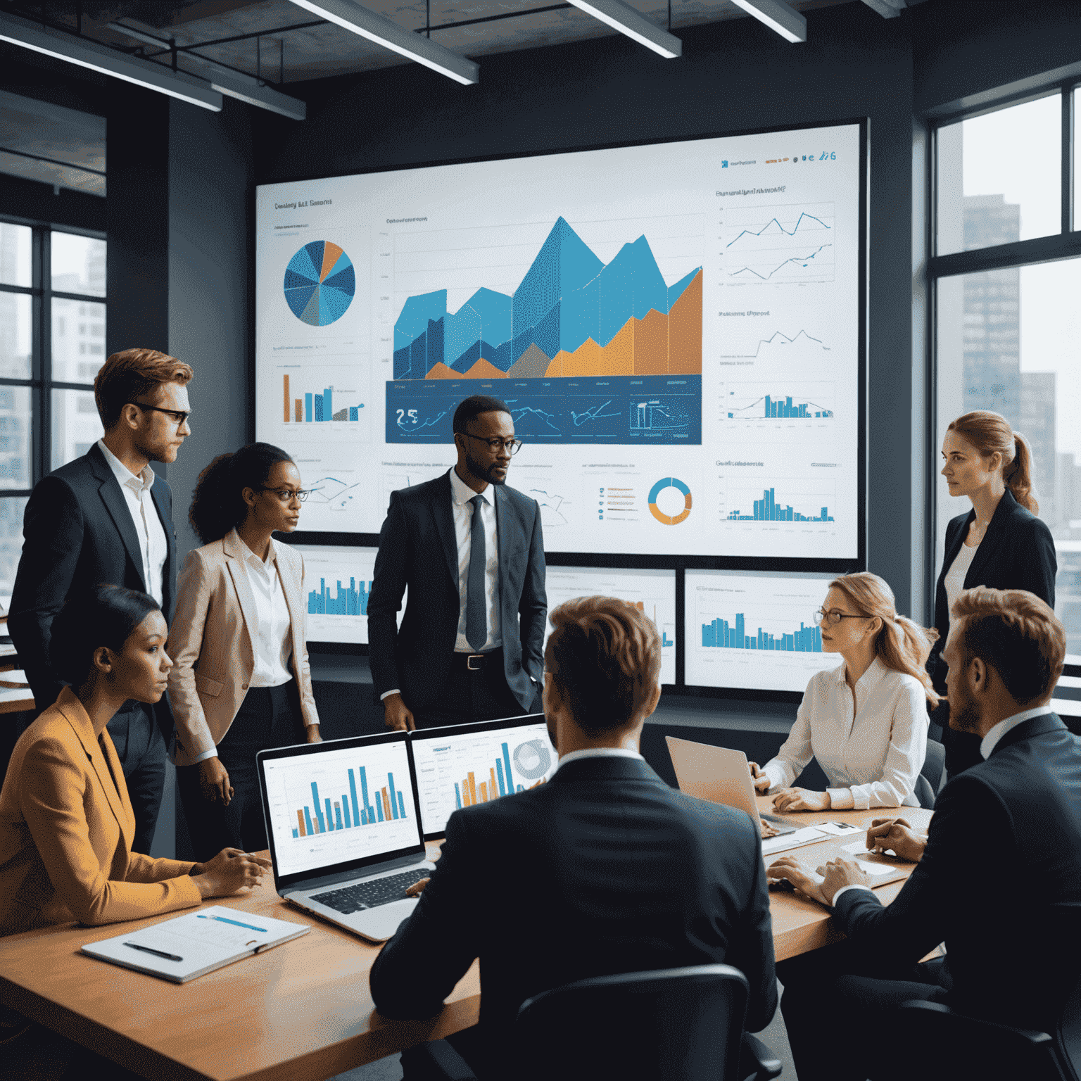 A dynamic illustration showcasing a team of diverse professionals gathered around a large digital screen, analyzing complex business charts and graphs. The image conveys a sense of collaboration and forward-thinking strategy in a high-tech environment.