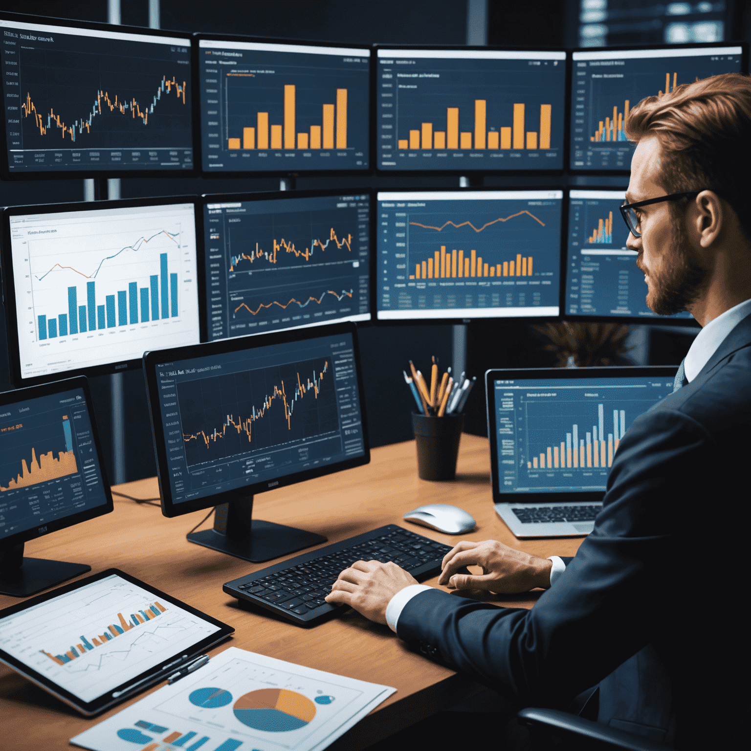 A professional financial analyst examining charts and graphs on multiple screens, showcasing advanced data visualization tools for comprehensive financial analysis