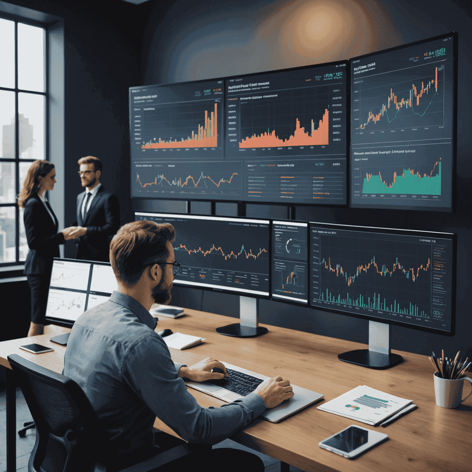 A team of professionals analyzing market data on large screens, surrounded by charts and graphs depicting market trends and consumer behavior