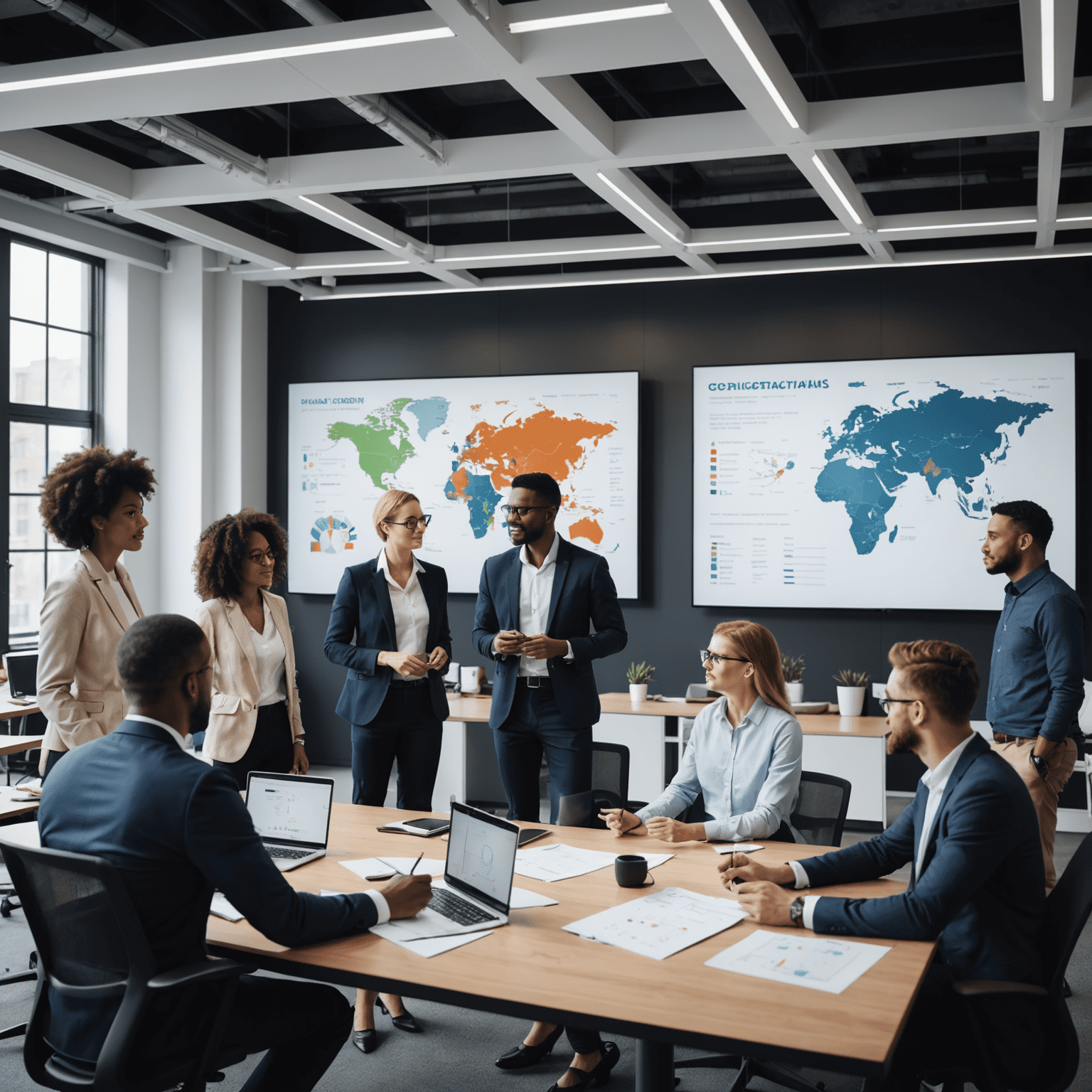 A team of diverse professionals collaborating in a modern office space, discussing organizational charts and process diagrams on a large interactive screen