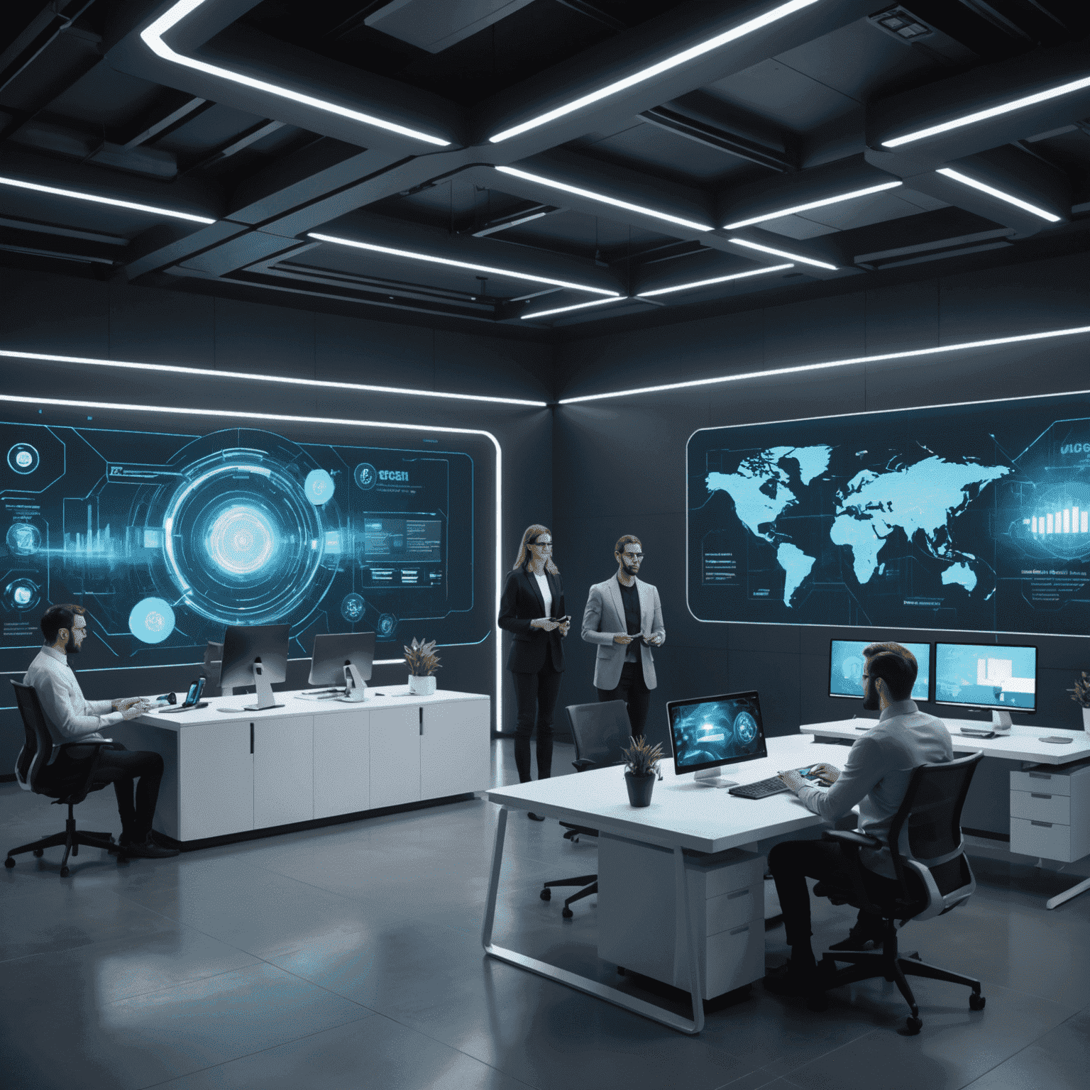 A futuristic office space with holographic displays and employees interacting with advanced technology, symbolizing digital transformation in the workplace