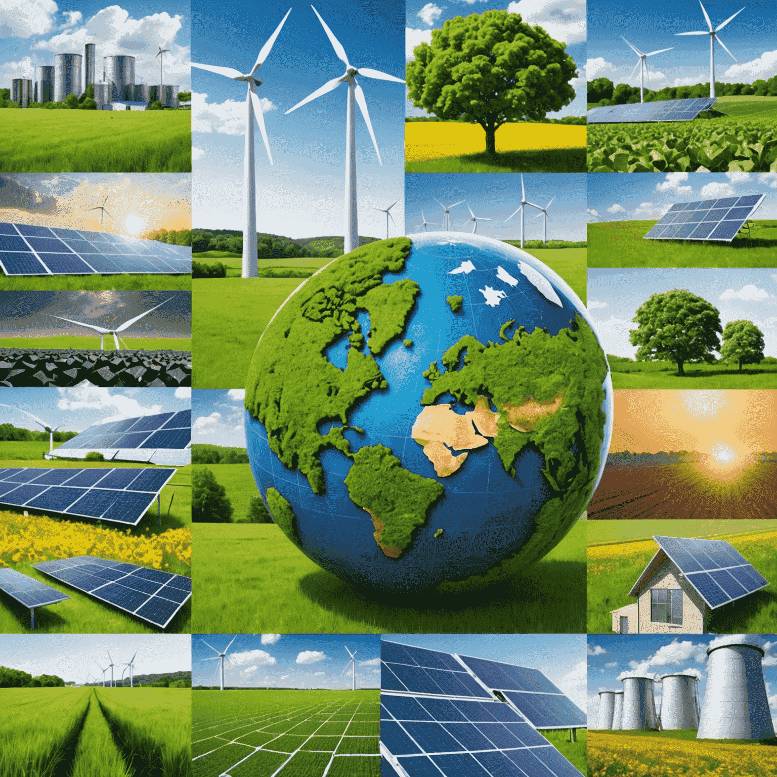 A collage showing renewable energy sources, sustainable manufacturing processes, and eco-friendly products, illustrating the trend towards sustainable business practices