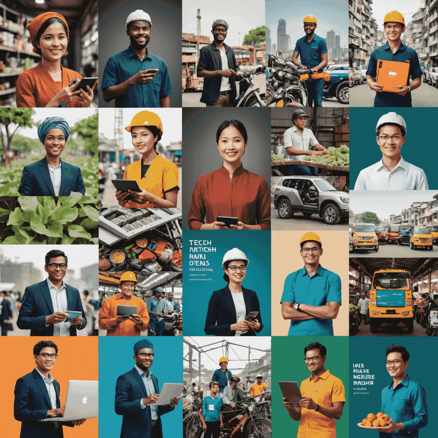 A collage of images representing the diverse industries in emerging markets: tech startups in Nigeria, manufacturing in Vietnam, e-commerce in India, and consumer goods in Indonesia