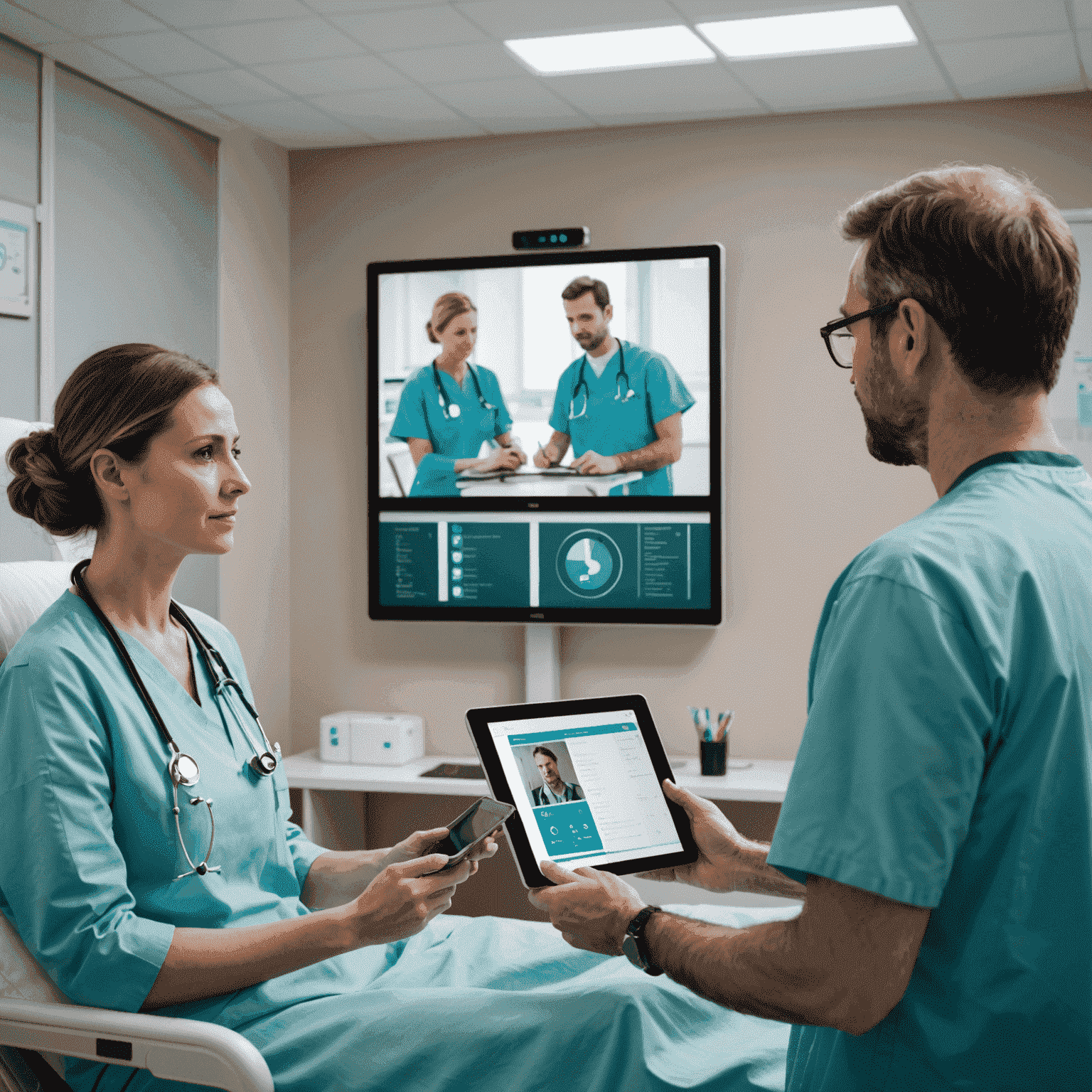 A modern hospital room with a patient video conferencing with a doctor on a large screen. Nurses are using tablets to access patient information.