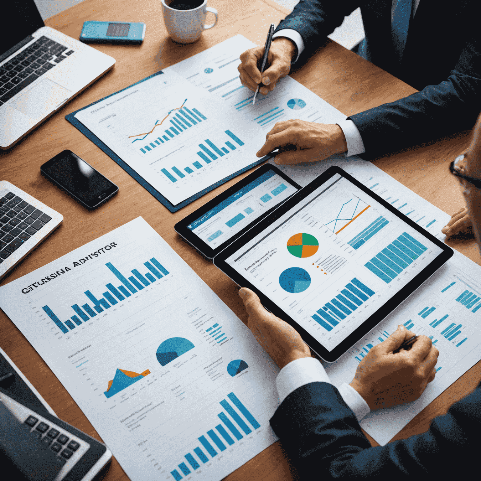 A professional financial advisor explaining charts and financial reports to a client. The image showcases various financial instruments and technology used in modern financial advisory.