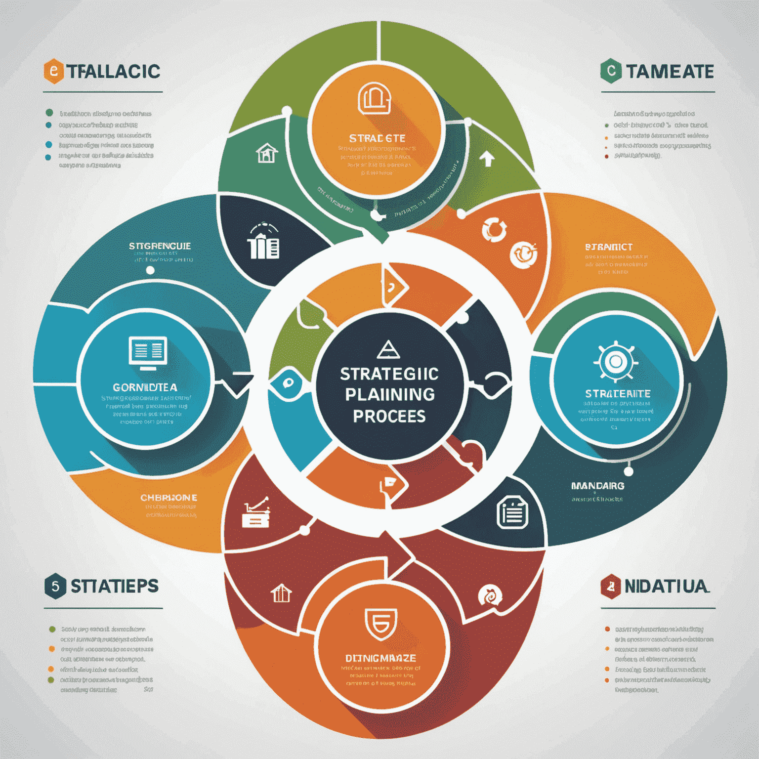 An infographic showing the strategic planning process with five interconnected circular steps: Analyze, Formulate, Develop, Implement, and Evaluate. Each step is represented by a unique icon, emphasizing the cyclical and ongoing nature of strategic planning.