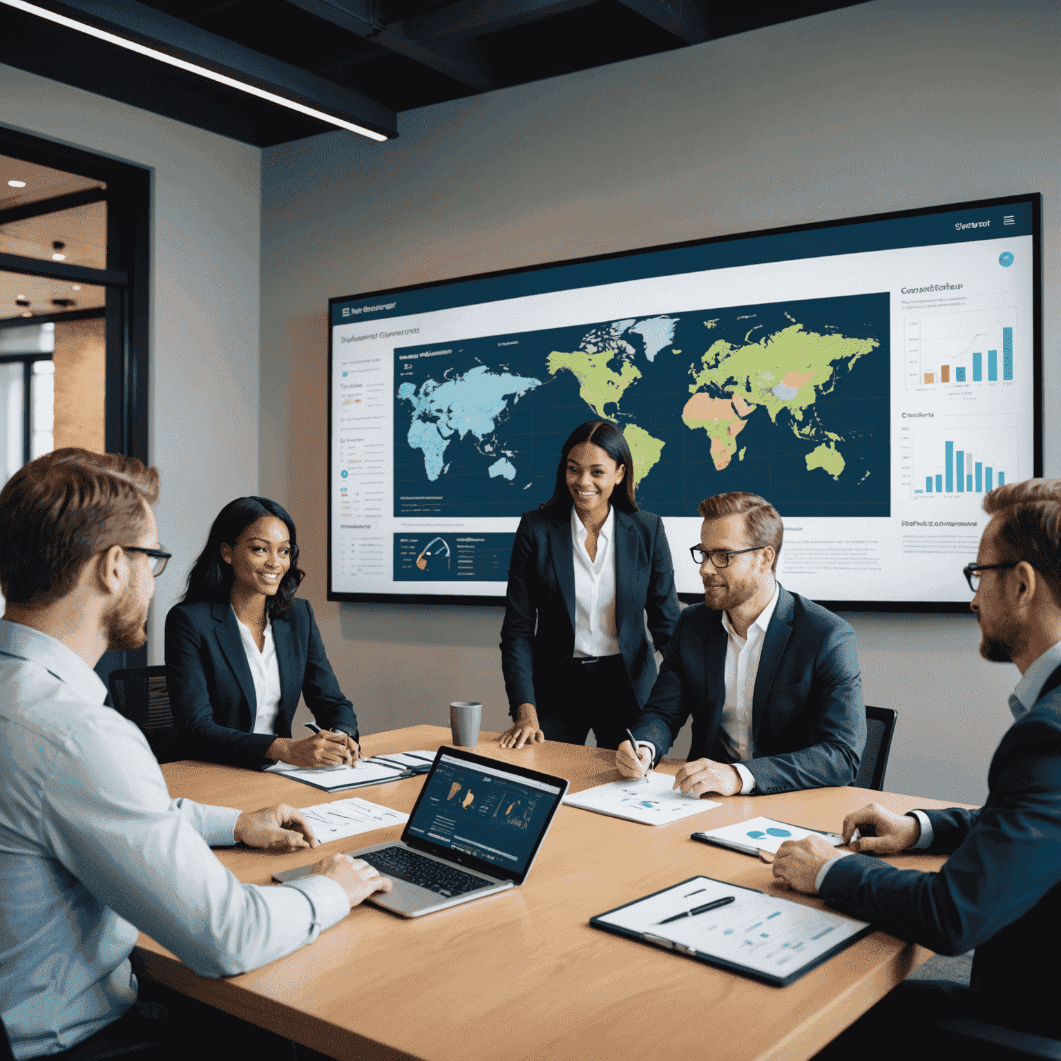 A diverse team of consultants engaged in a strategic planning session, using interactive digital boards and 3D financial models to illustrate complex business scenarios