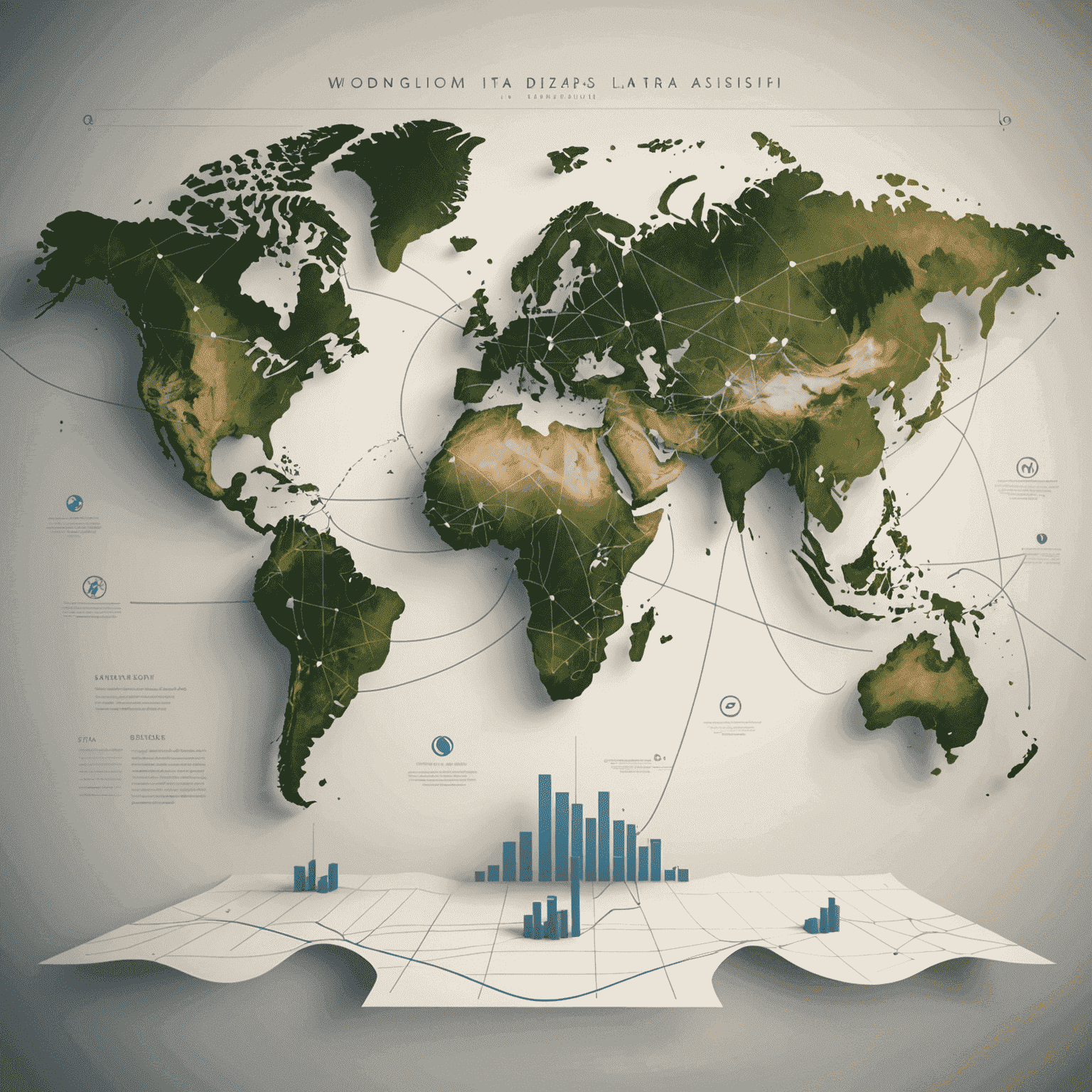 A world map with data points and connecting lines, representing global market research and data analysis