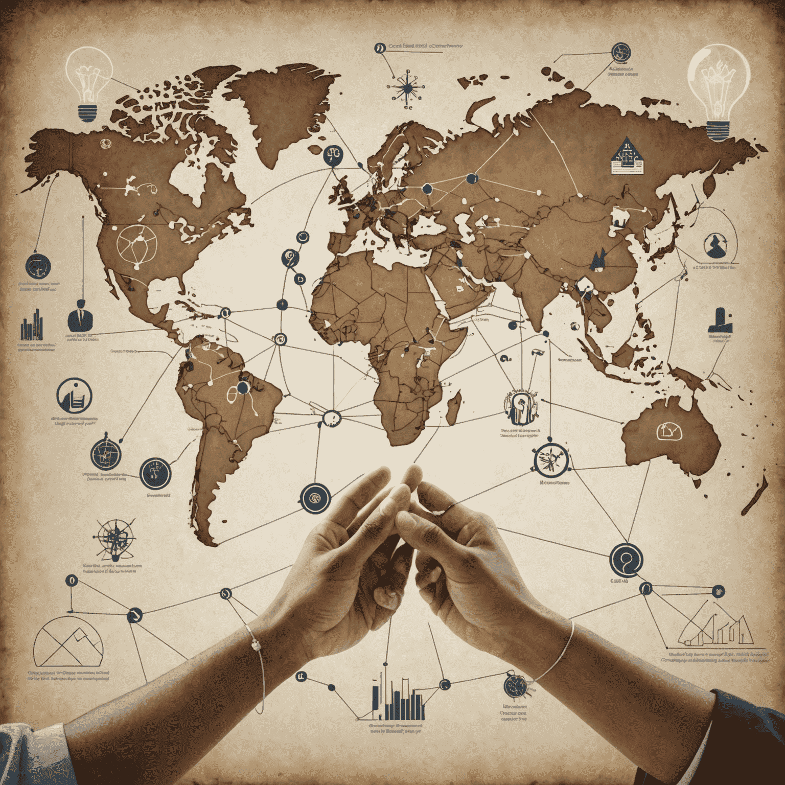 A world map with connected points representing global consulting expertise, overlaid with icons of handshakes, lightbulbs, and growth charts