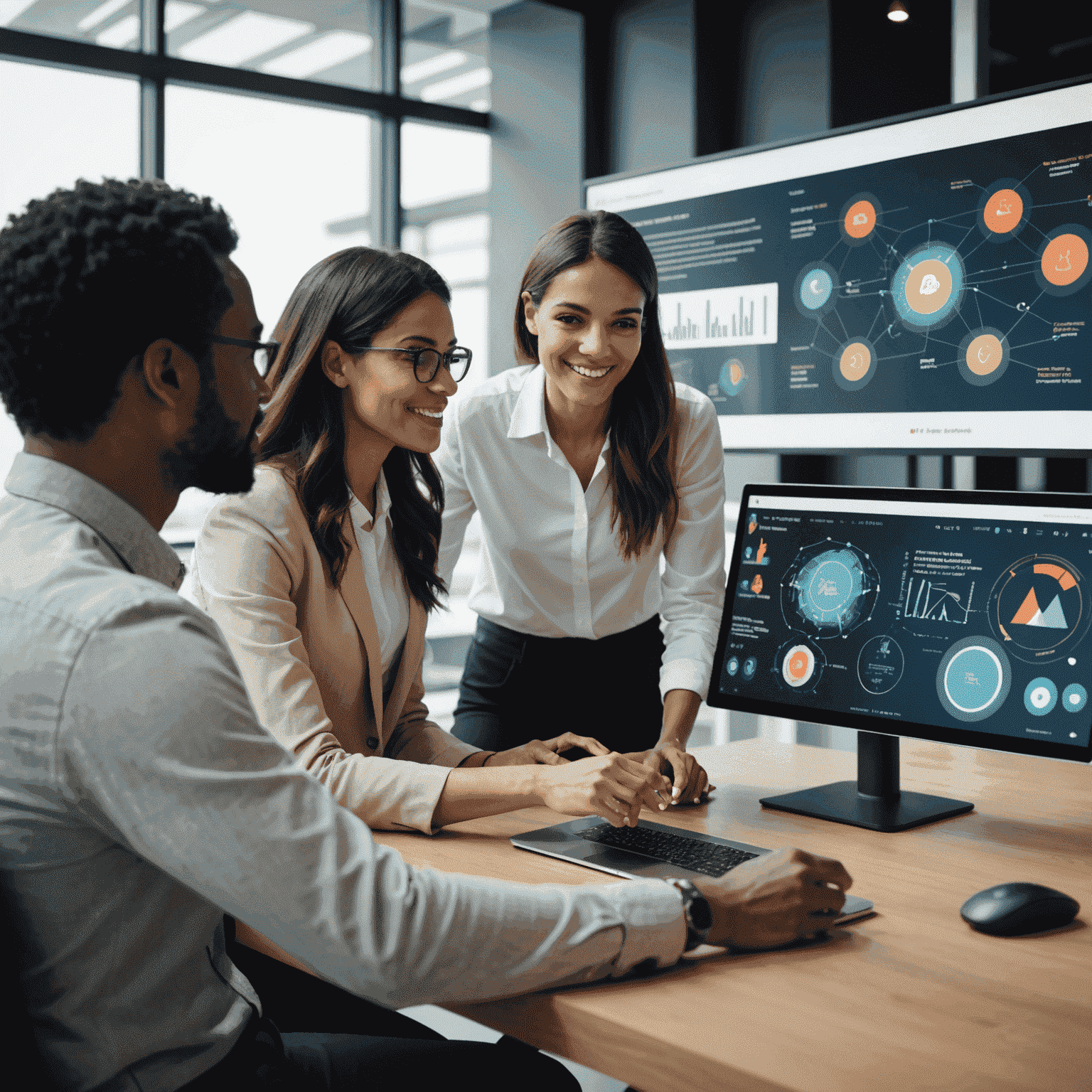 A team of diverse professionals collaborating on a digital transformation project, using touchscreen displays and AI-powered analytics tools