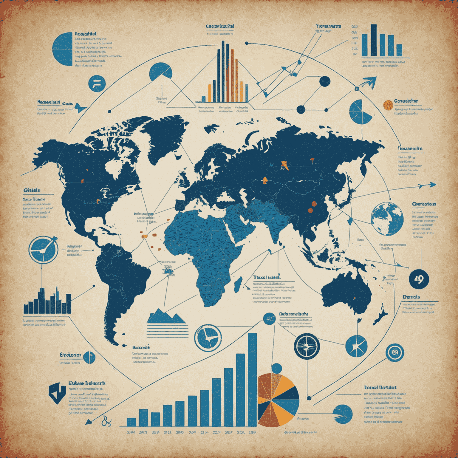 Graph showing various economic indicators and trends across different countries, with arrows indicating global connections and financial symbols representing different markets.