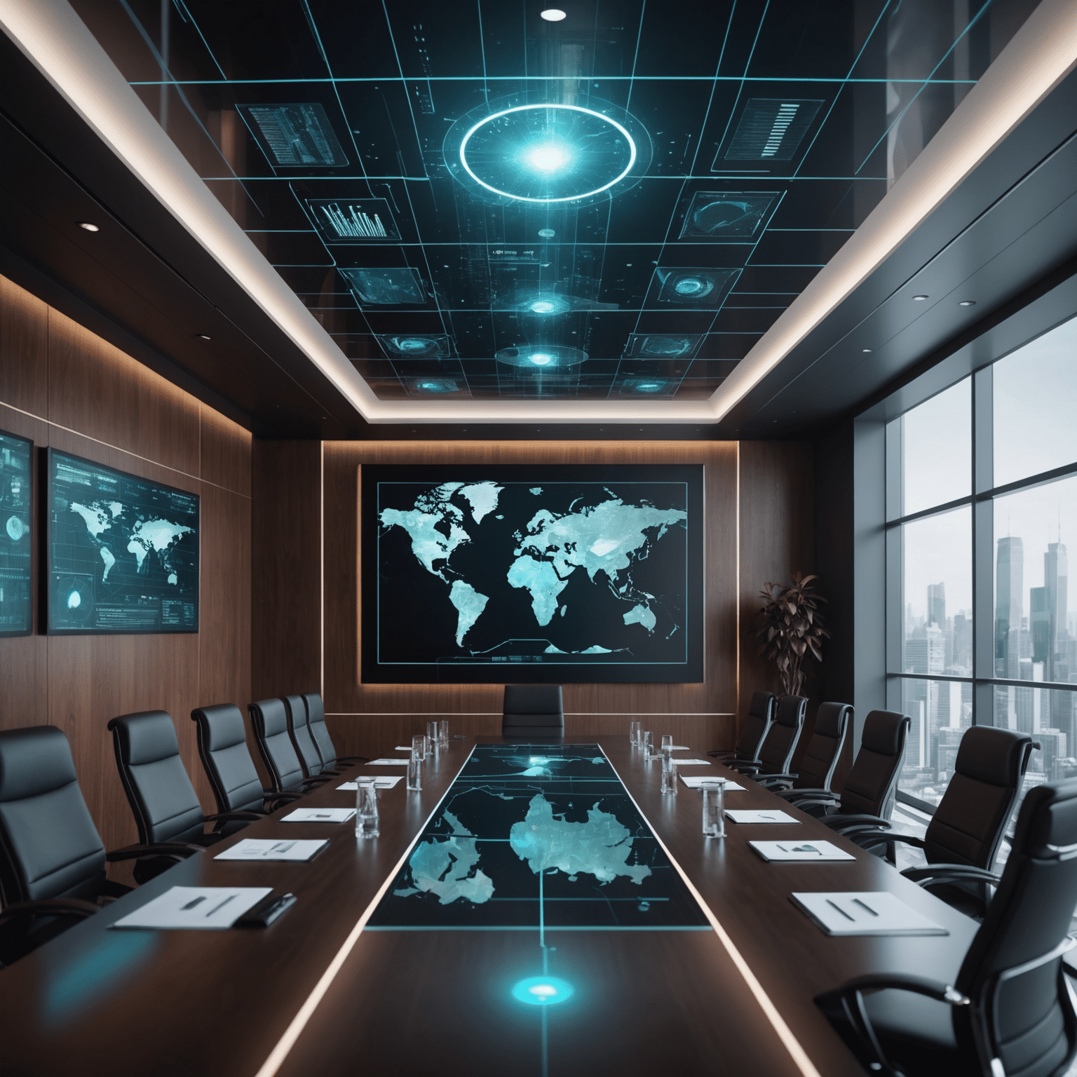 A futuristic boardroom with holographic displays showing various economic indicators and business analytics, symbolizing the role of consulting in navigating global economic trends