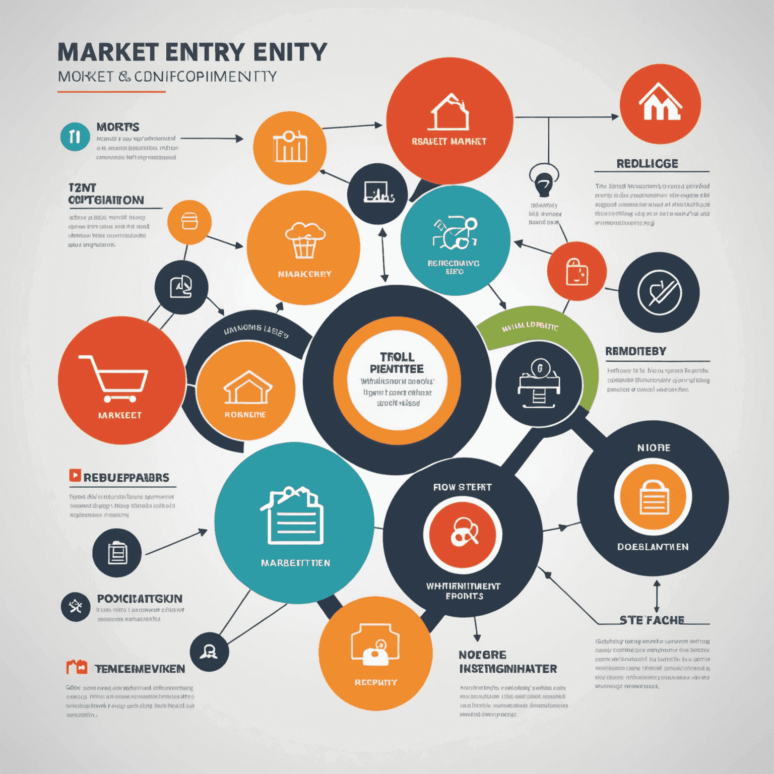 An infographic showing the process of market entry: from initial research and strategy development to implementation and growth, with icons representing each stage