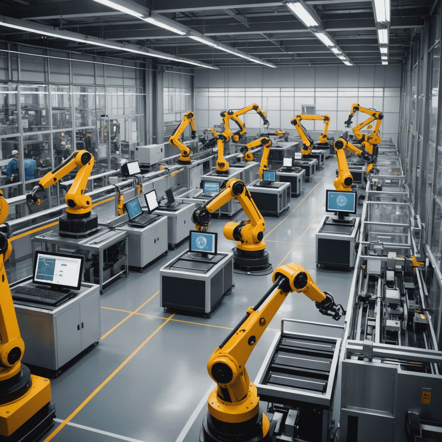 A high-tech factory floor with robotic arms and conveyor belts. Workers are seen monitoring processes on large touchscreens.