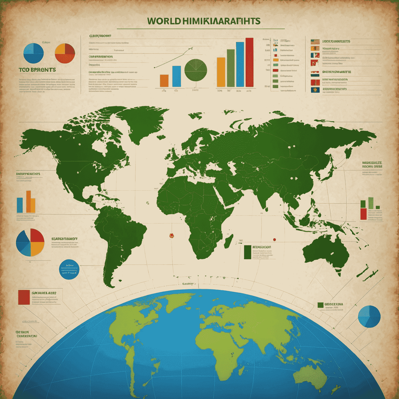 World map highlighting emerging markets with growth charts and icons representing various industries and business opportunities in these regions.