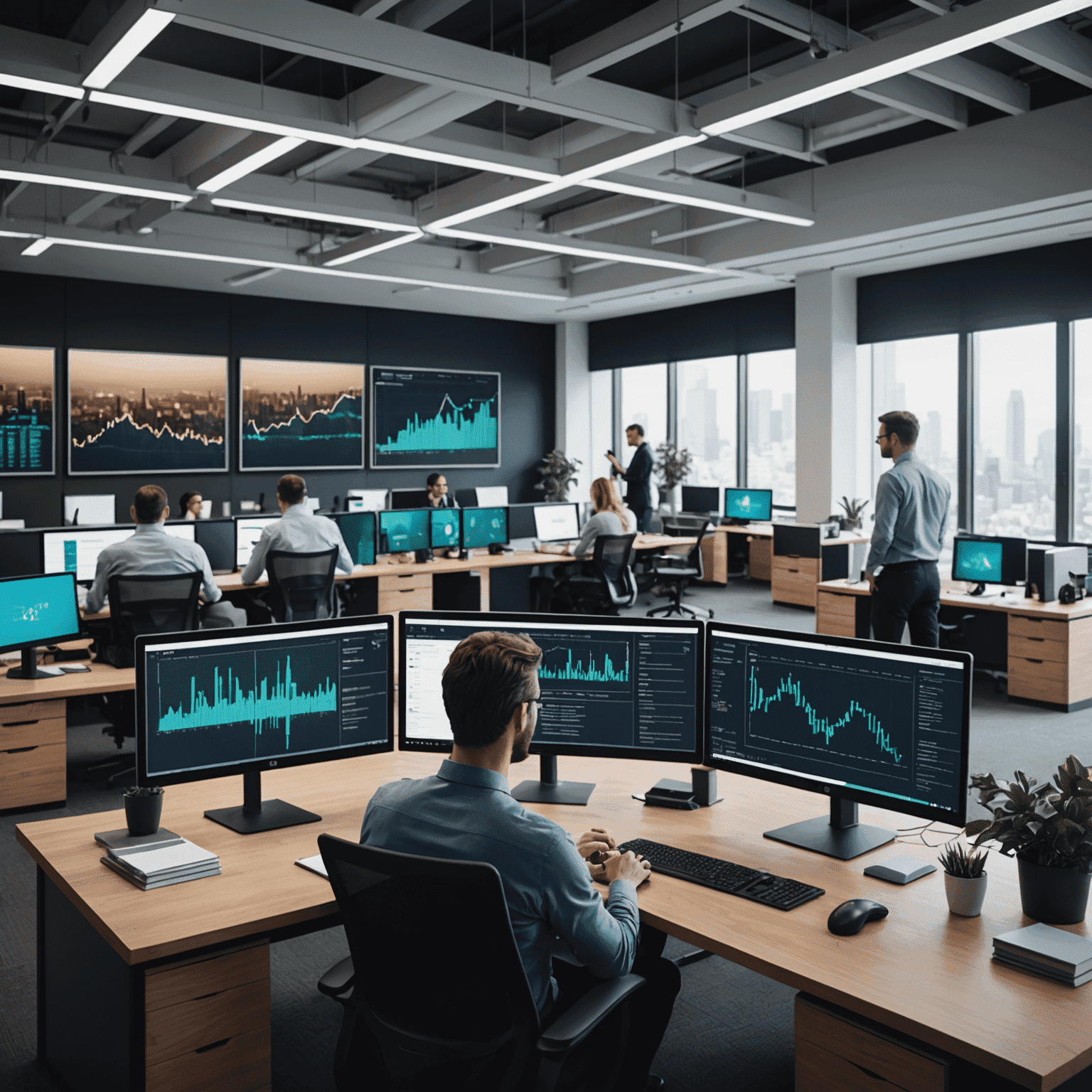 A modern office space with people working on computers displaying complex financial data and blockchain visualizations.