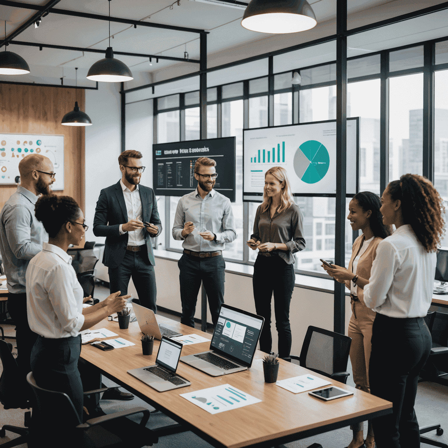 A diverse group of employees engaged in a team-building exercise. The image shows a modern office space with interactive displays showcasing company culture and performance metrics.