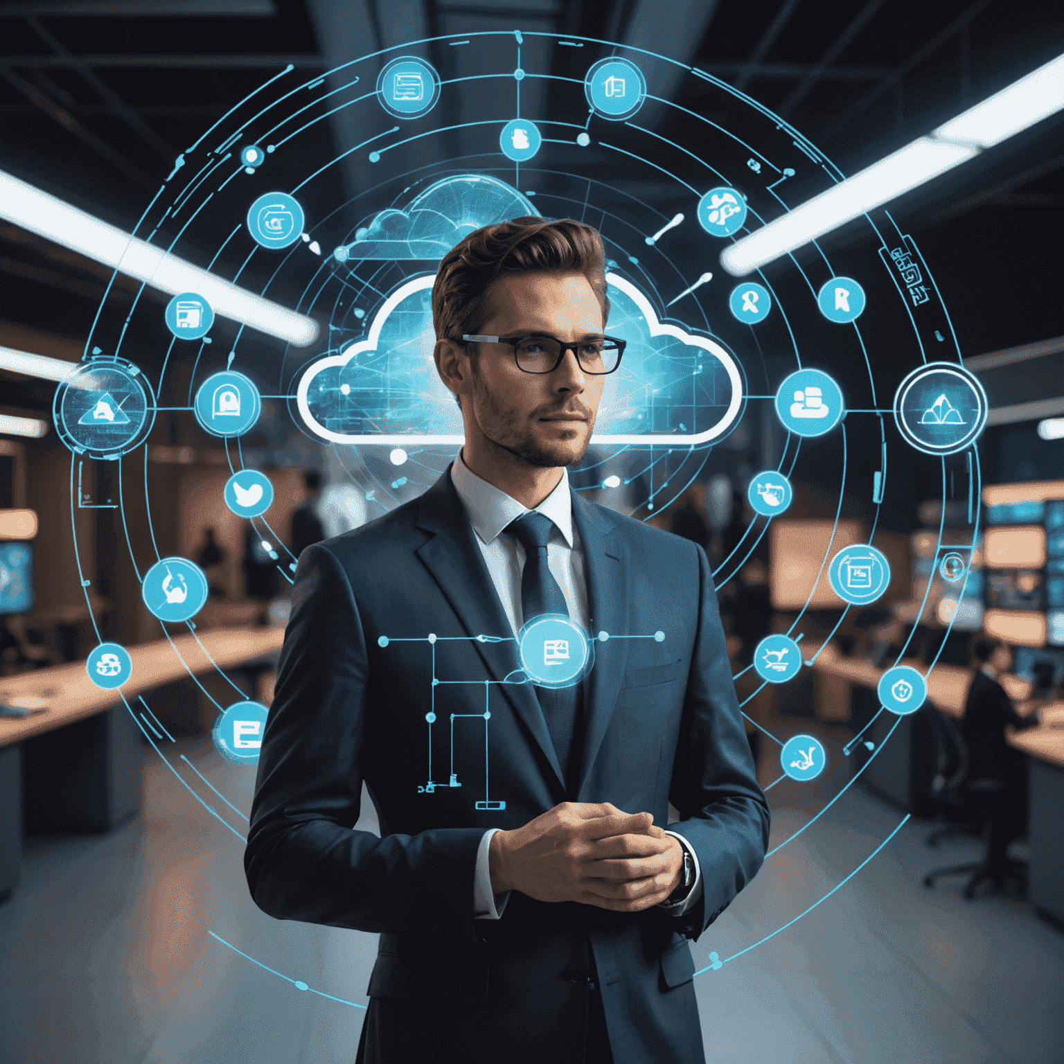 A futuristic representation of digital transformation with holographic displays, cloud computing symbols, and AI interfaces. The image conveys the idea of businesses evolving through technology.